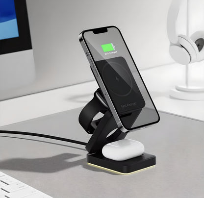 3 in 1 Foldable Fast Charge Magnetic Charger – iPhone, Apple Watch & Earbuds.